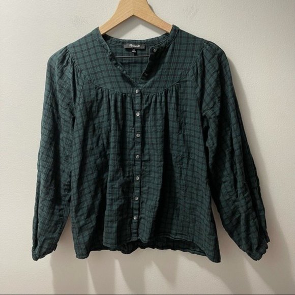 Madewell Green Navy Plaid Balloon-Sleeve Peasant Button Down Shirt Cozy Fall - Picture 2 of 6